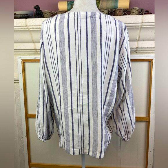 Loft Blue and white airy linen blend striped Button-Up tunic w/ side vents - Picture 2 of 9